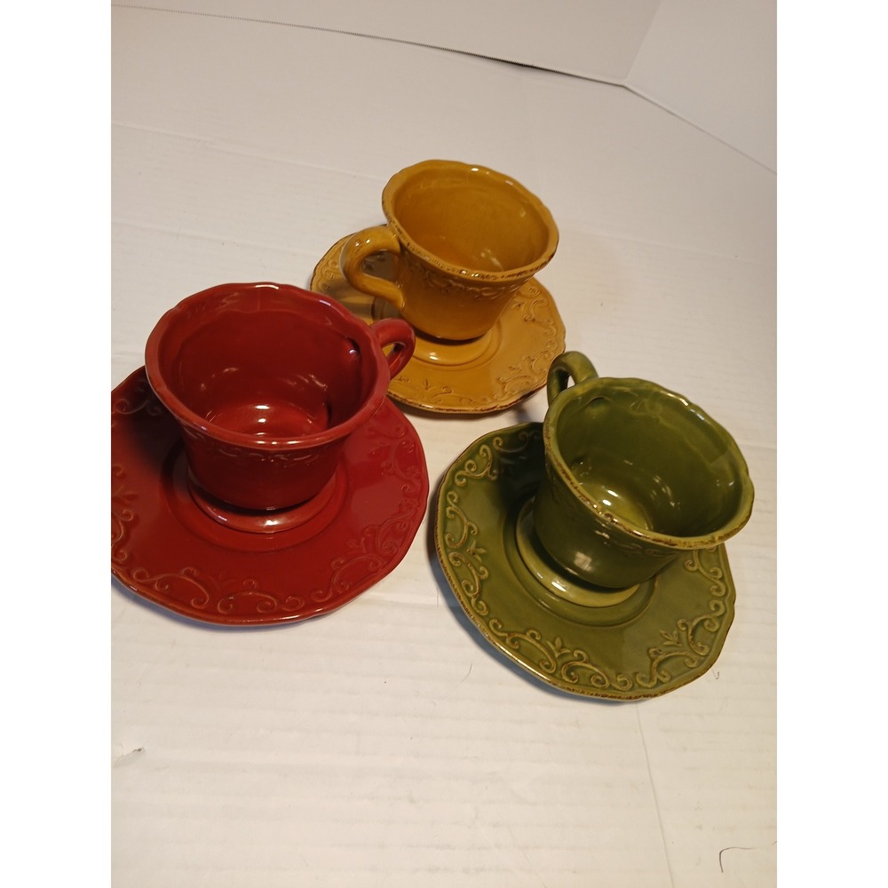Stoneware Embossed Tea Cup Saucer Set 3 Mixed Earth Tones Good Scrollwork